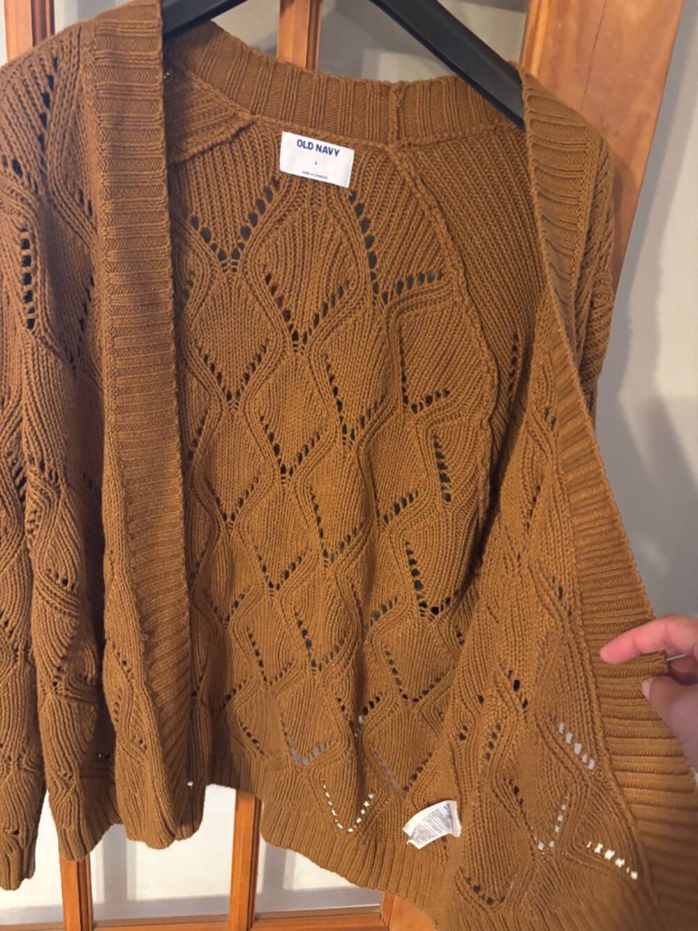Old Navy Gold brown pointelle open-front relaxed-fit cardigan sweater SZ: L - Picture 4 of 10
